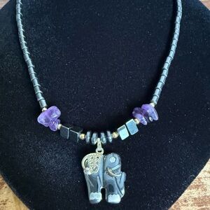 Hematite Elephant Necklace Featuring Lapis Nuggets and Gold Tone Beads .